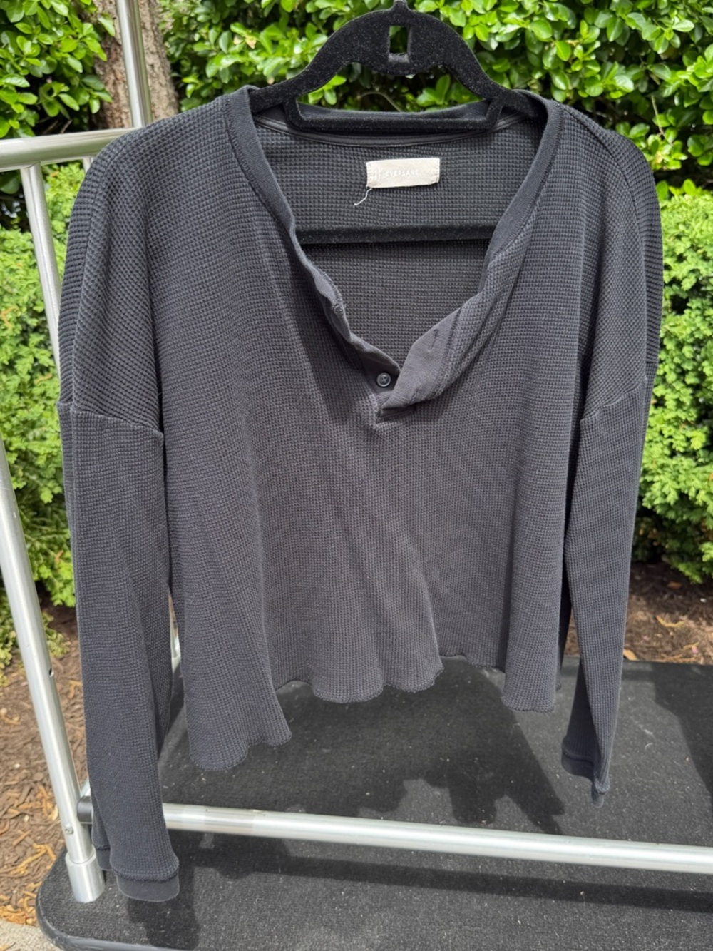 Everlane Waffle Knit Long Sleeve Top Large Black Cropped